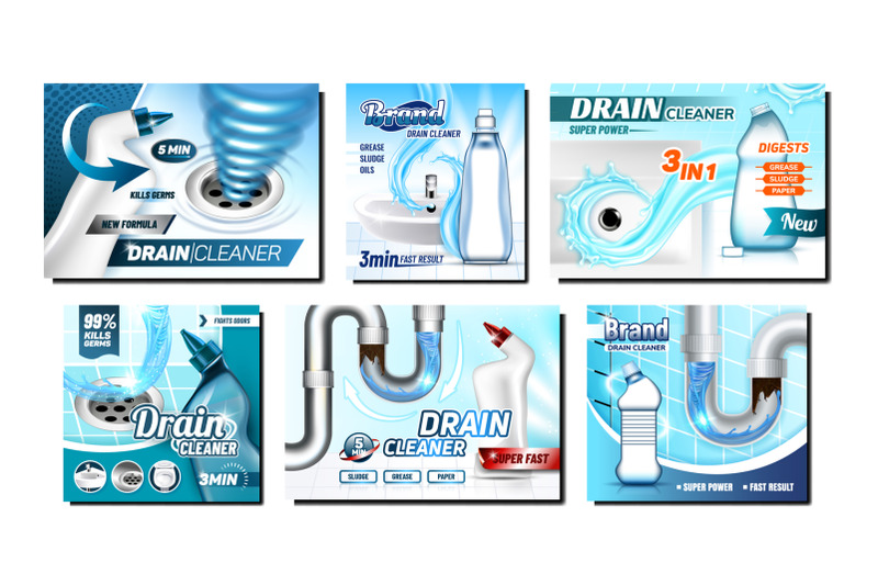 clogged-drain-cleaner-promo-posters-set-vector