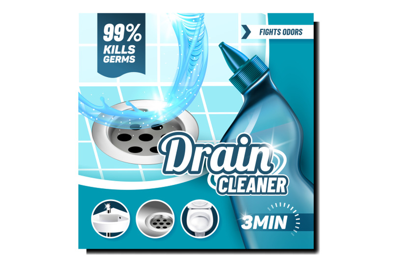 drain-cleaner-kills-germs-promo-poster-vector