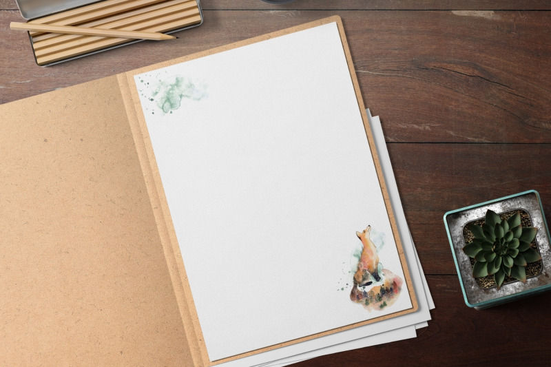 watercolor-cute-fox-stationery-winter-fox-journal-paper-lined-and-un