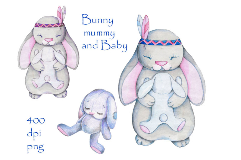 bunny-mummy-and-baby-watercolor-illustration