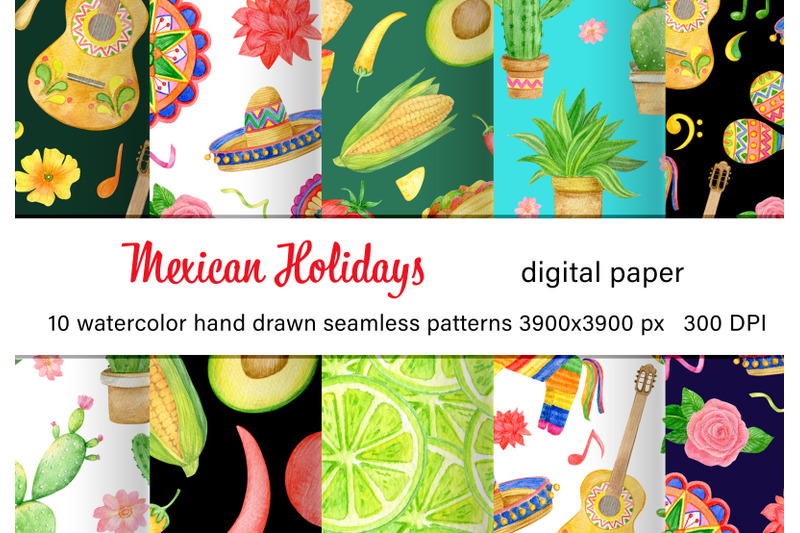 watercolor-mexican-fiesta-digital-paper-pack-hand-drawn-summer-png