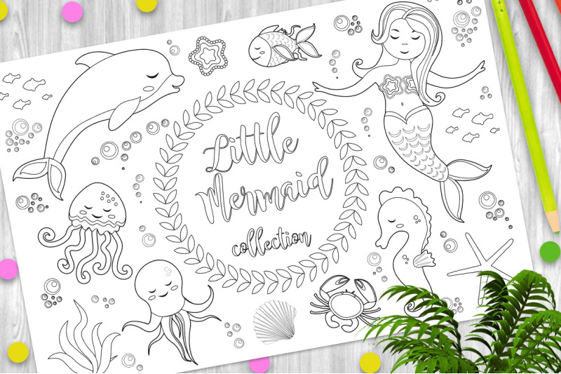 cute-little-mermaid-and-underwater-world-set-coloring-book-page