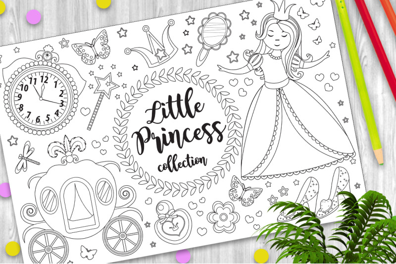 Cute little princess Cinderella set Coloring book page for kids By