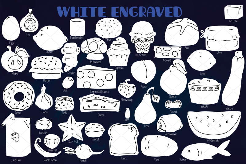 a-to-z-food-white-doodle-hand-drawn-fruit-vegetable-sweets-savory