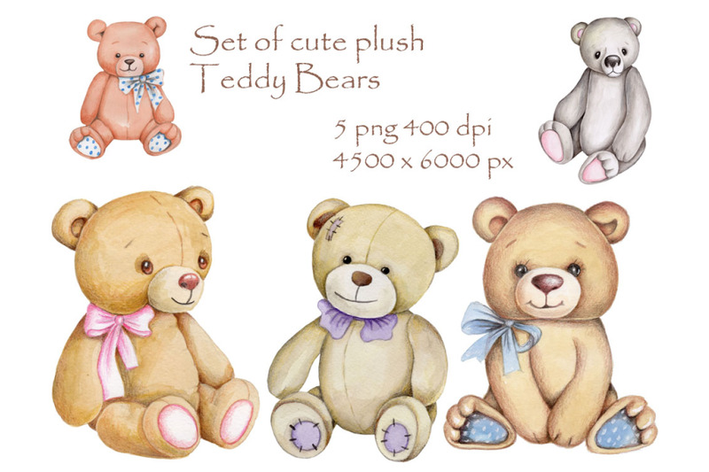 set-of-cute-plush-teddy-bears-hand-drawn-watercolor-illustrations