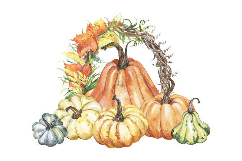 Watercolor pumpkin clipart with autumn wreath png, autumn harvest By