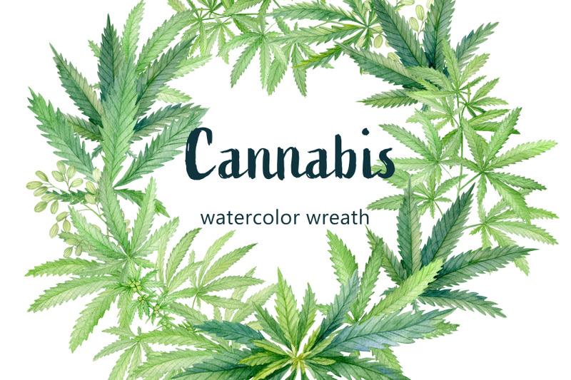 cannabis-leaves-watercolor-wreath-round-floral-frame-clipart