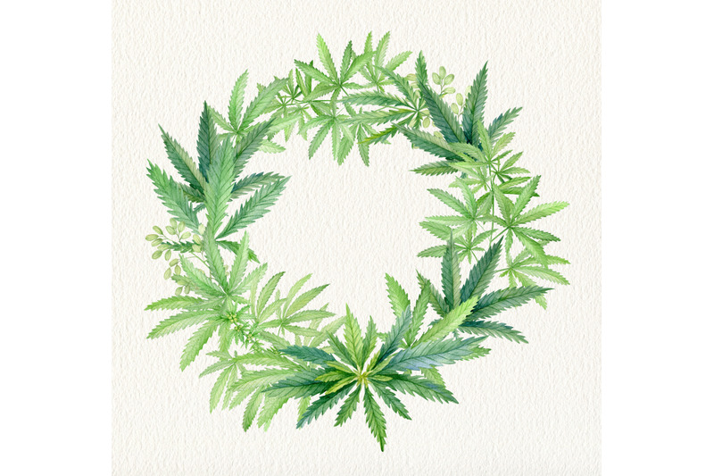 cannabis-leaves-watercolor-wreath-round-floral-frame-clipart