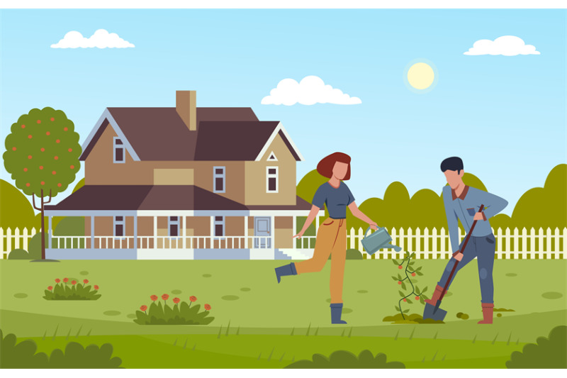 home-gardening-man-digging-with-shovel-and-girl-watering-plant-plant