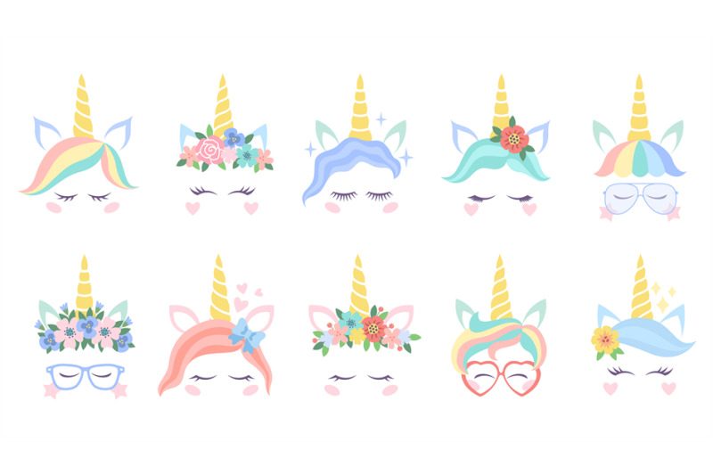 unicorn-face-various-cute-pony-unicorns-funny-heads-magic-horn-in-ra