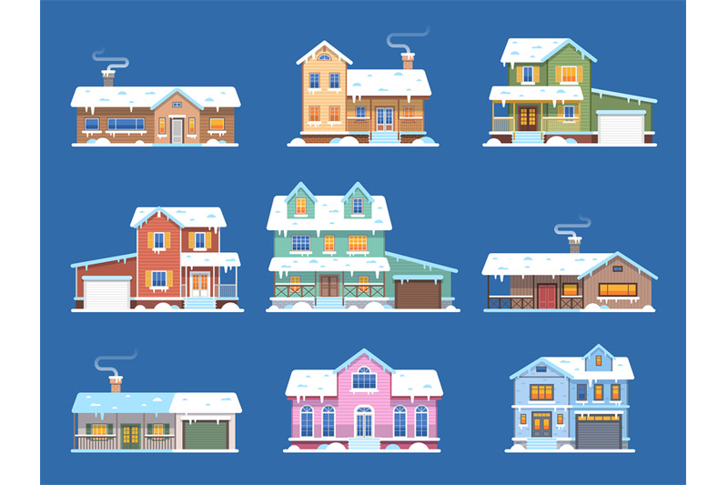 winter-houses-homes-in-snow-cottages-and-townhomes-with-garage-and-t