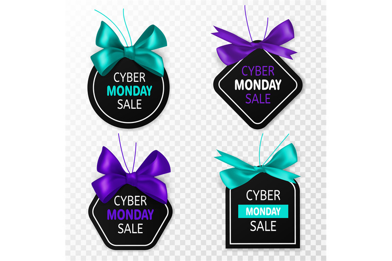 cyber-monday-sale-labels-promotion-price-tags-with-blue-bow-and-silk