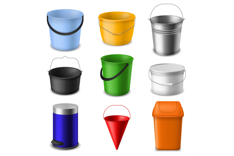 realistic-bucket-metal-and-plastic-empty-round-cone-and-square-bucke