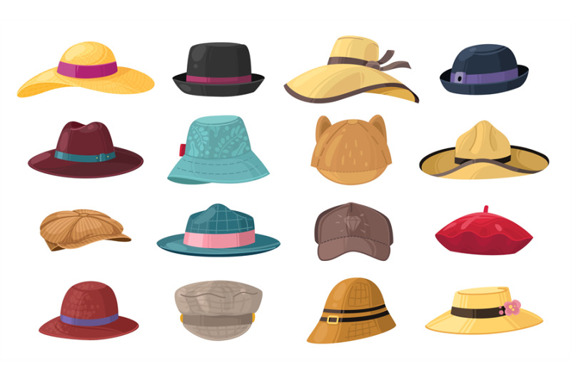 cartoon-hats-stylish-man-and-woman-headwear-set-vintage-classic-and