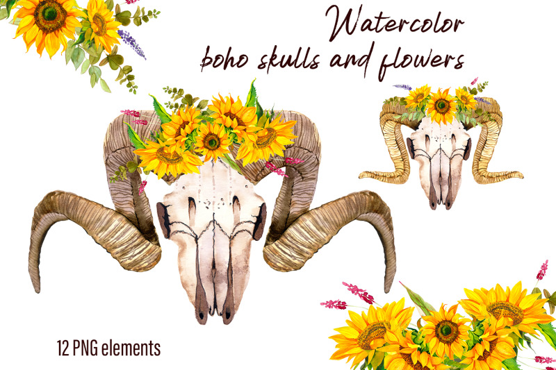 watercolor-clipart-boho-skull-and-flower