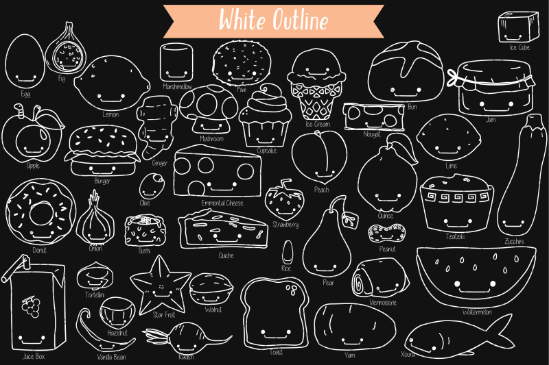 a-z-food-kawaii-white-hand-drawn-fruit-vegetable-sweets-savory