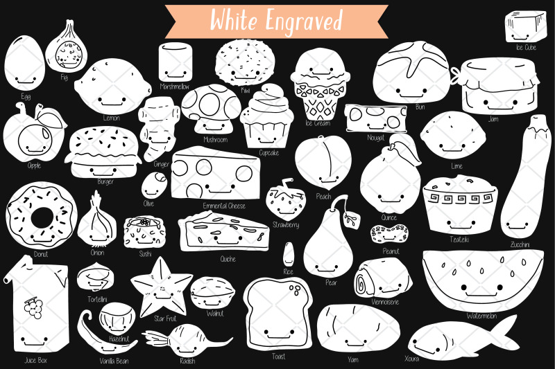 a-z-food-kawaii-white-hand-drawn-fruit-vegetable-sweets-savory