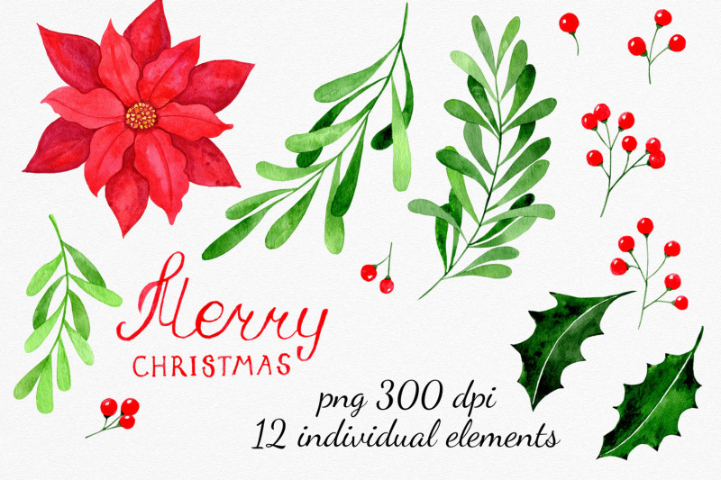christmas-elements-clipart-for-card-diy-watercolor-holly-mistletoe