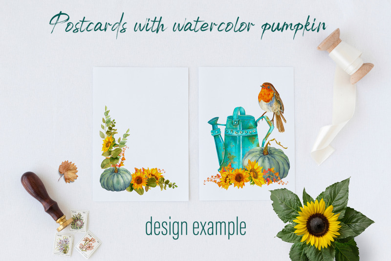 watercolor-arrangement-sunflowers-and-pumpkin