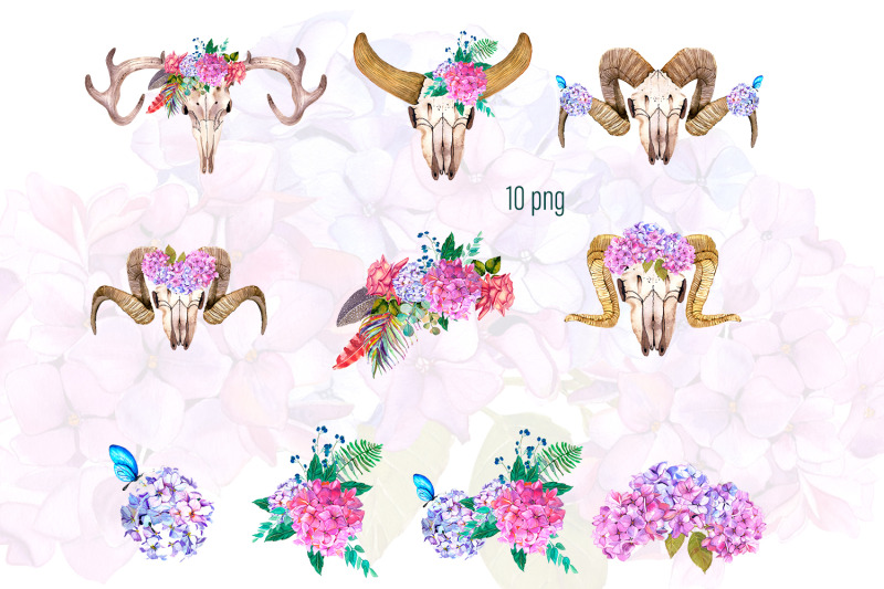 watercolor-clipart-boho-skull-and-hydrangea-flowers-and-roses