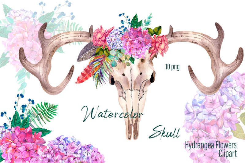 watercolor-clipart-boho-skull-and-hydrangea-flowers-and-roses