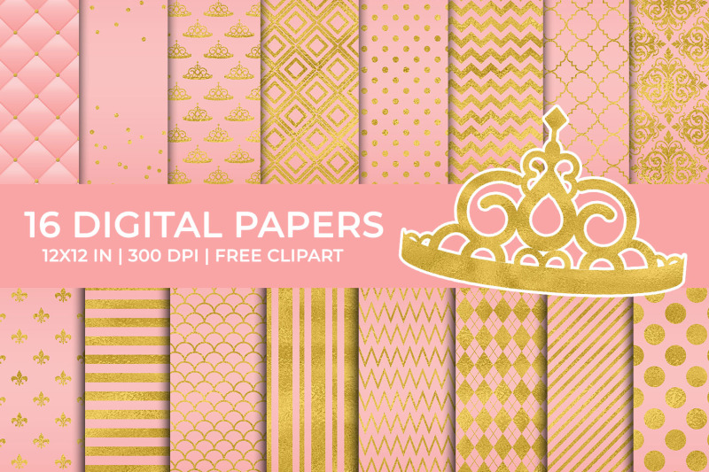 pink-amp-gold-foil-digital-papers-set-princess-tiara-clipart