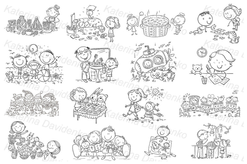 doodle-cartoon-family-outline-image-bundle