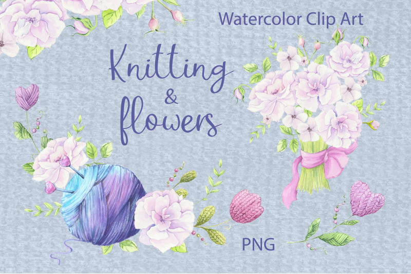 watercolor-clipart-delicate-pink-flowers-with-knitted-handmade-element