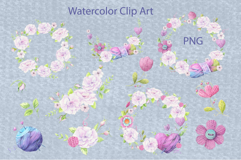 watercolor-clipart-delicate-pink-flowers-with-knitted-handmade-element