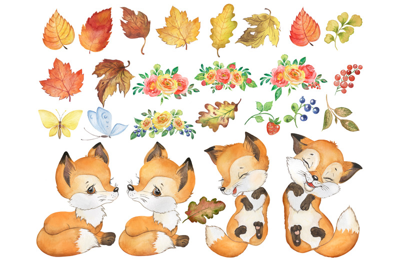 fox-watercolor-clipart-autumn-leaf-fall-clipart-forest-animals
