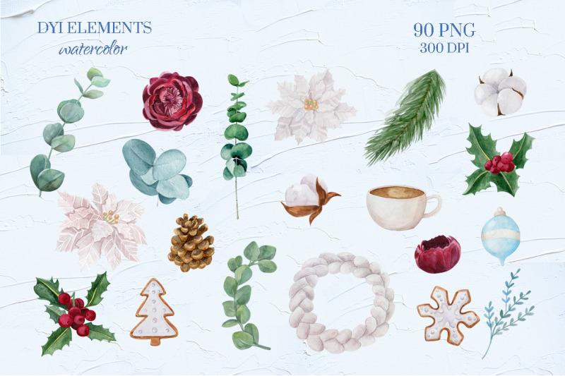 winter-greenery-watercolor-clipart-collection