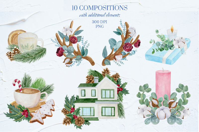 winter-greenery-watercolor-clipart-collection