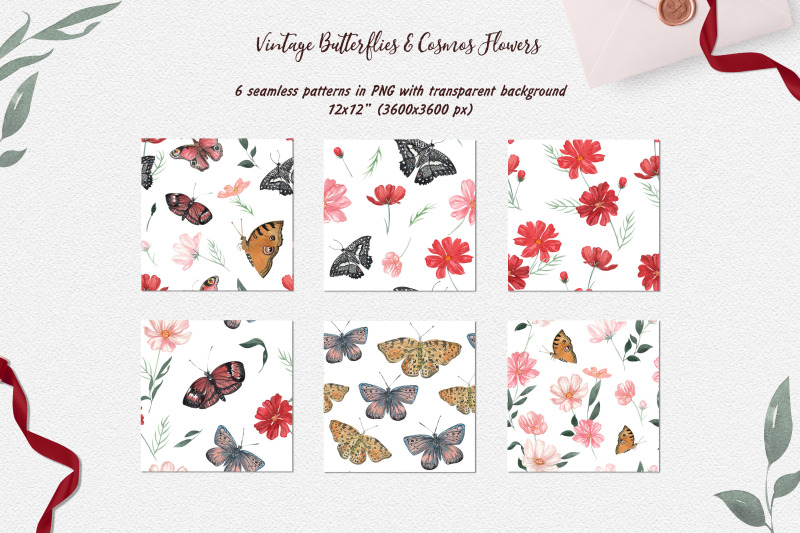 Vintage Butterflies and Cosmos Flowers Watercolor Collection By Catch ...