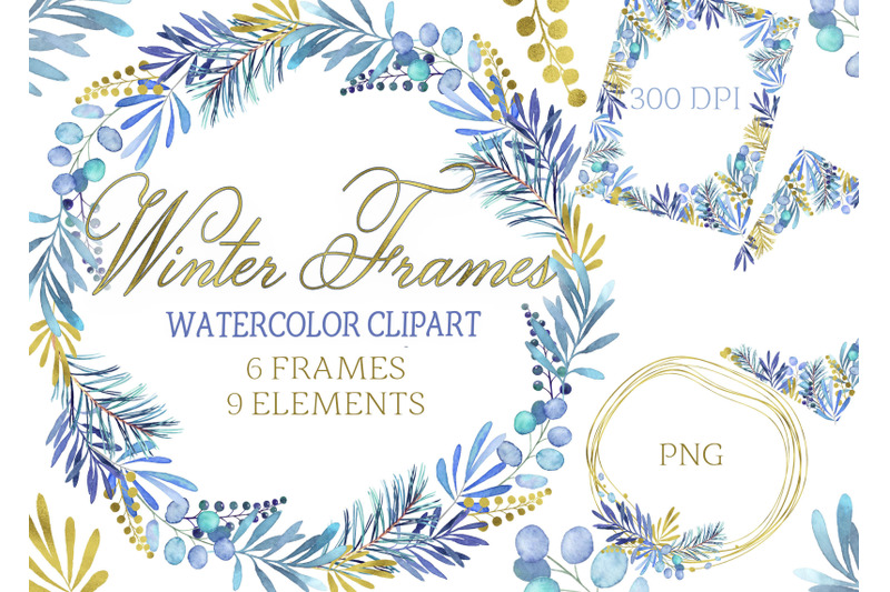 watercolor-winter-christmas-frame-clipart-wreath-png-blue-golden-new-y