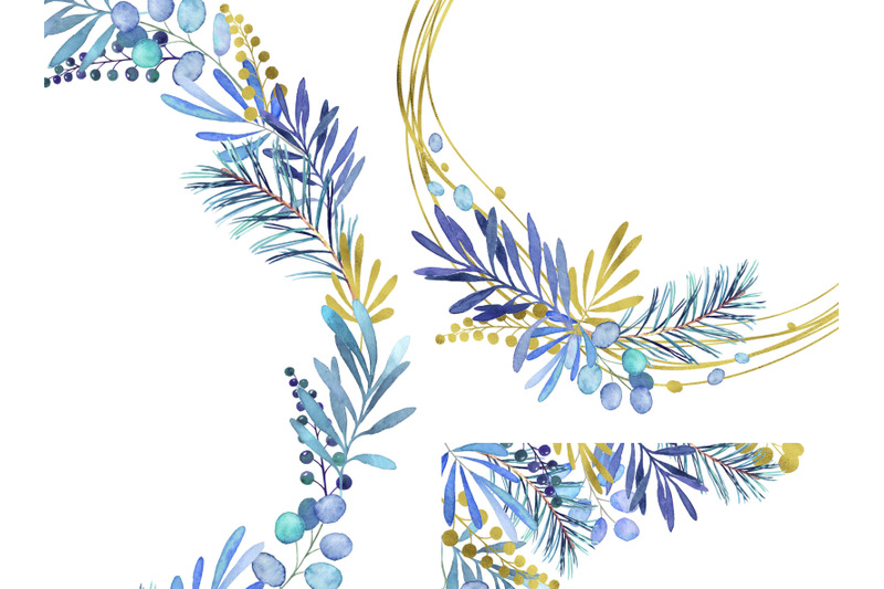 watercolor-winter-christmas-frame-clipart-wreath-png-blue-golden-new-y