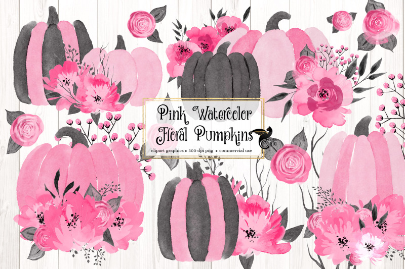 pink-watercolor-floral-pumpkins-clipart