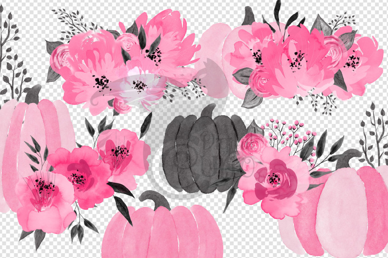 pink-watercolor-floral-pumpkins-clipart