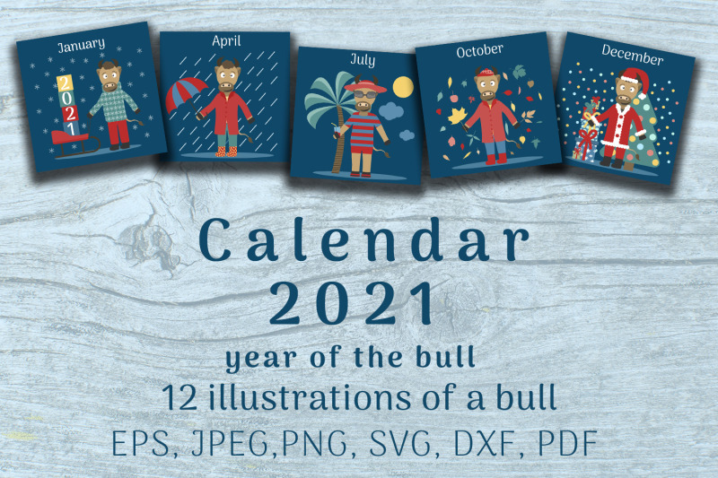 bull-set-calendar-2021-year-12-cards-with-illustrations