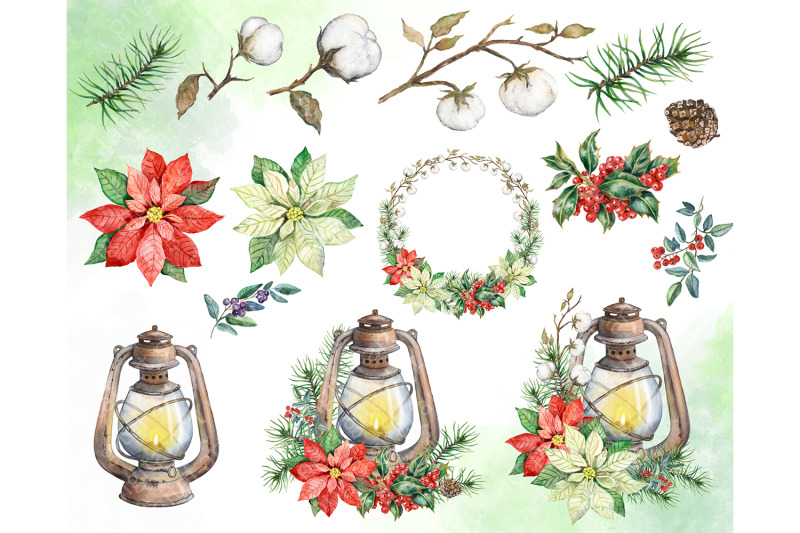 christmas-decor-watercolor-clipart-lantern-with-a-candle-poinsettia