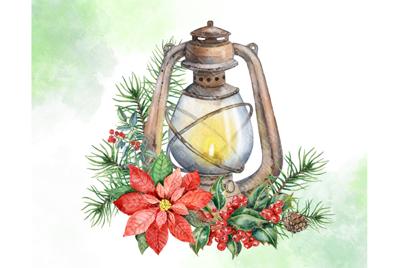 christmas-decor-watercolor-clipart-lantern-with-a-candle-poinsettia