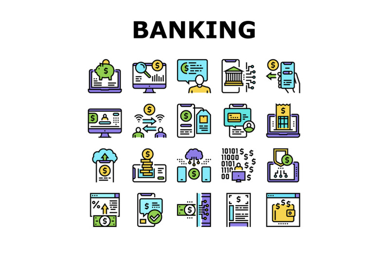 online-banking-finance-collection-icons-set-vector