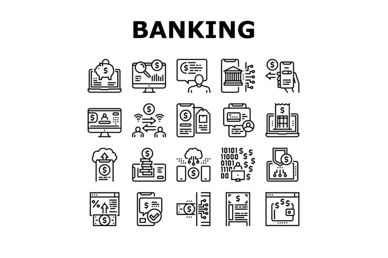 online-banking-finance-collection-icons-set-vector