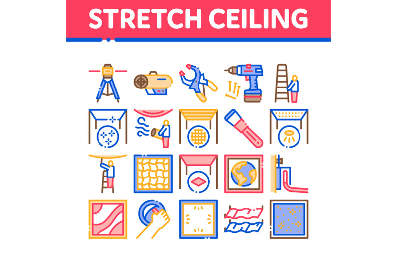 stretch-ceiling-tile-collection-icons-set-vector