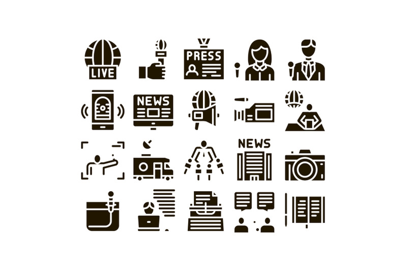 journalist-reporter-glyph-set-vector