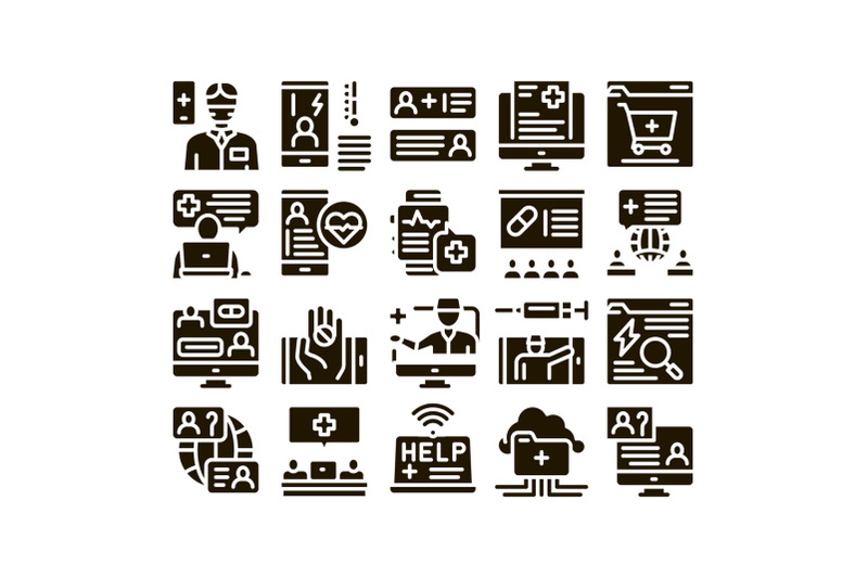 online-doctor-advice-glyph-set-vector