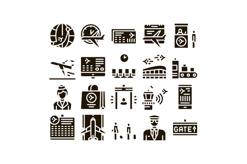 airline-and-airport-glyph-set-vector