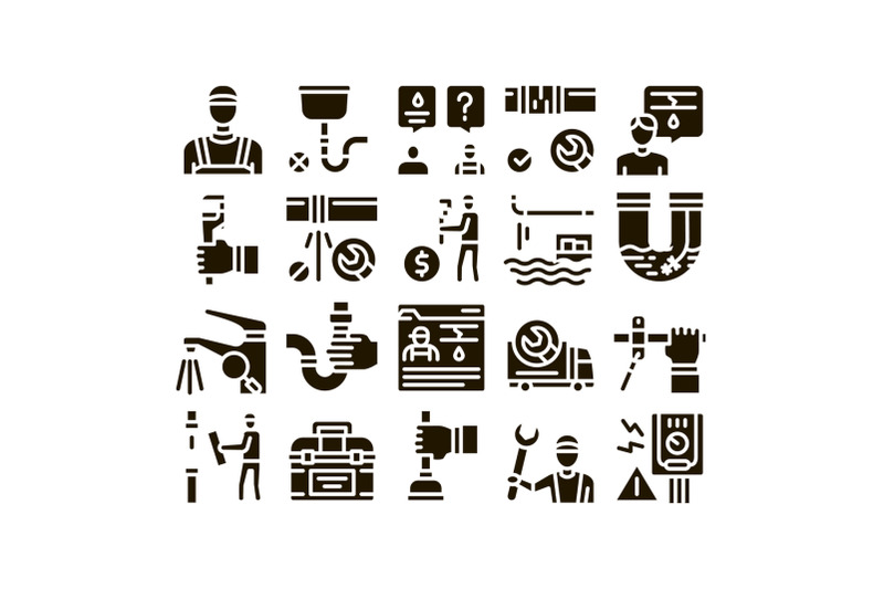 plumber-profession-glyph-set-vector