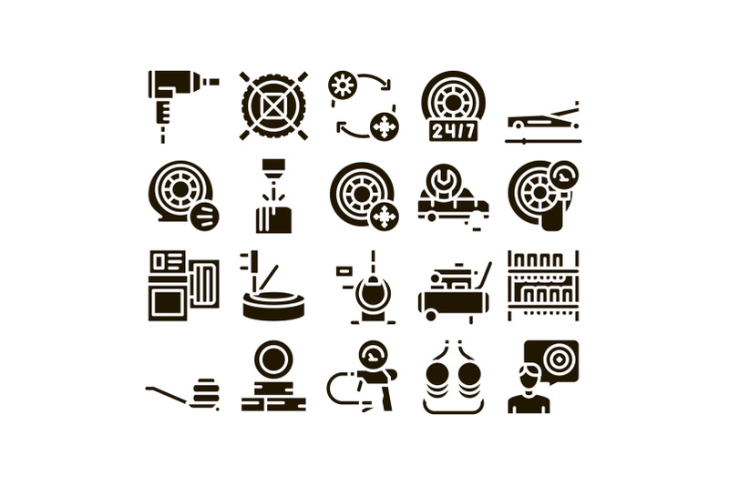 tire-fitting-service-glyph-set-vector