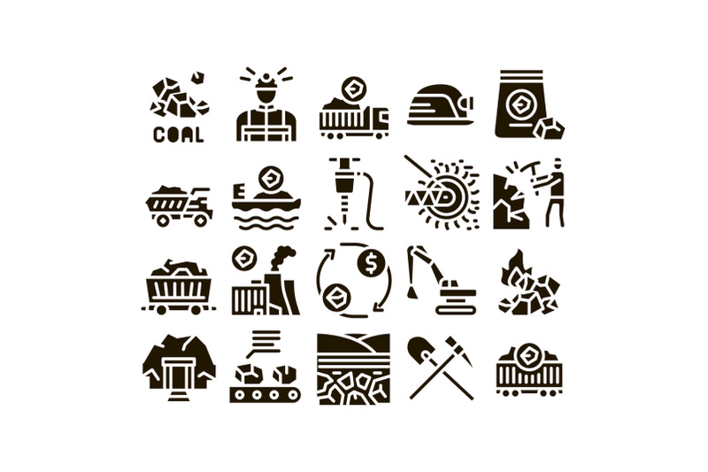 coal-mining-equipment-glyph-set-vector