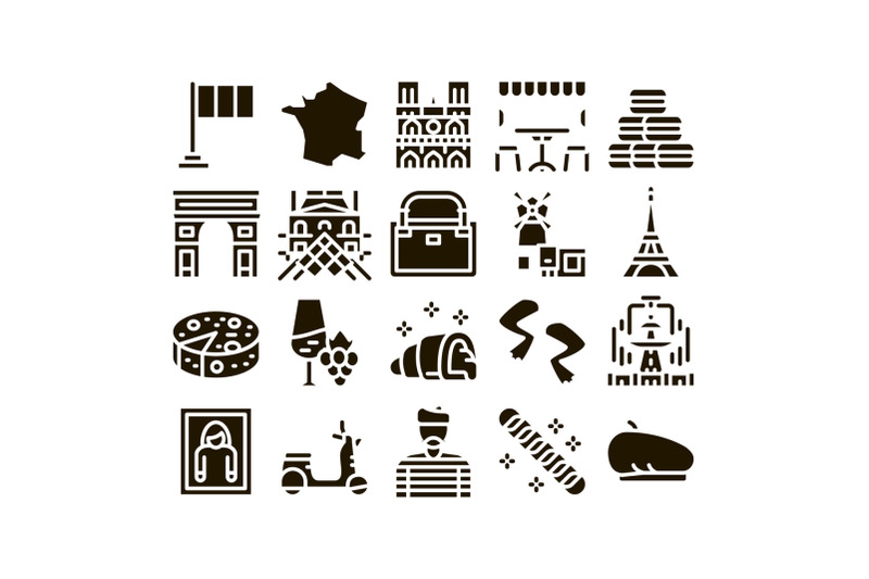 france-country-travel-glyph-set-vector